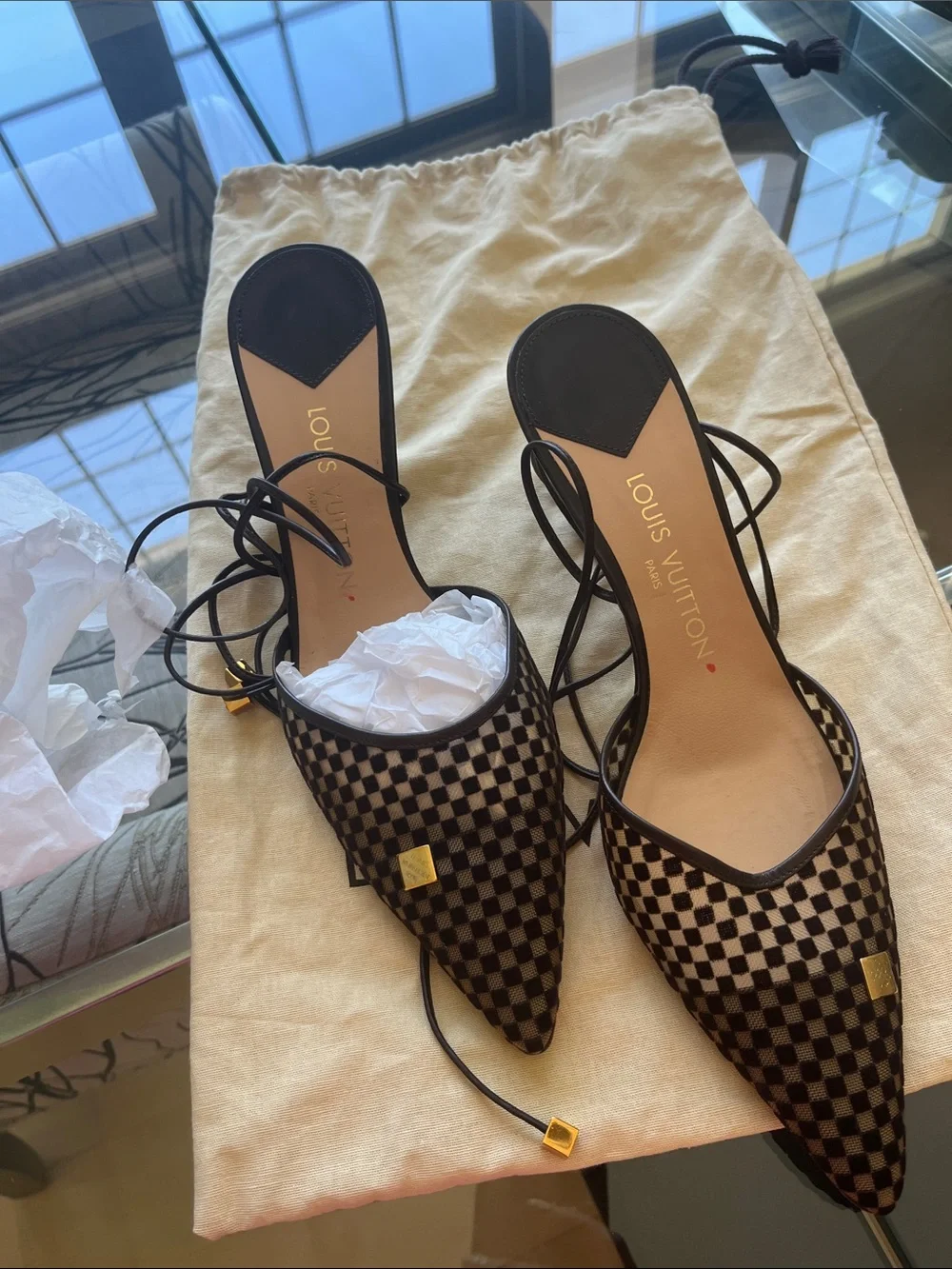 Louis Vuitton Black & Brown Damier Pointed Lace-Up Mules